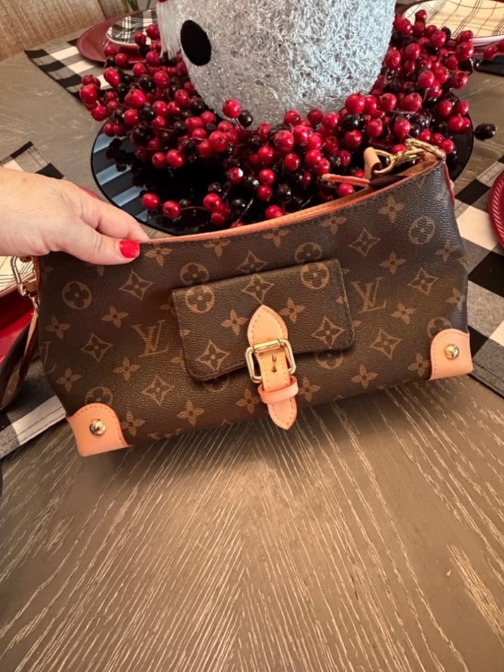 Brown Monogram Shoulder Bag with Tan Trim